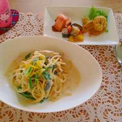 รูปของ 簡単ﾍﾙｼｰ鶏と茸の柚子豆乳冬ﾊﾟｽﾀ