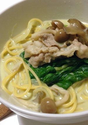 豚ときのこの極抹茶だし豆乳スープパスタ-レシピのメイン写真