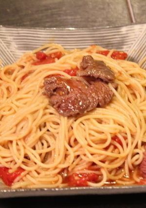 98.鹿スライス肉のトマトスパゲティー-レシピのメイン写真