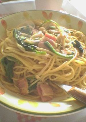 〇。ホウレン草とベーコンのパスタ。〇-レシピのメイン写真