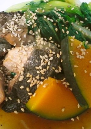 鮭とチンゲンサイとかぼちゃのつけ焼き♪-レシピのメイン写真