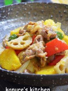 栗じゃがいもと豚肉の味噌マヨ炒め-レシピのメイン写真