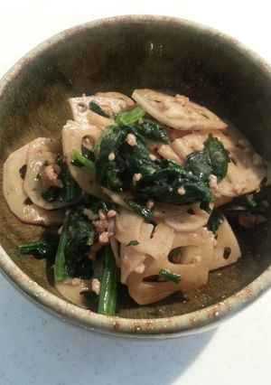 蓮根とひき肉ほうれん草のオイスター炒め☆-レシピのメイン写真