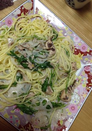 鯖缶と水菜とれんこんのパスタ-レシピのメイン写真