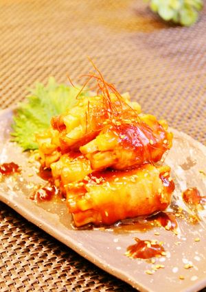 お弁当にも♪甘辛蓮根牛蒡豚バラ巻き焼き-レシピのメイン写真