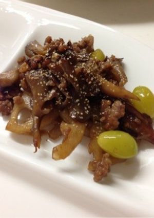 ひき肉 舞茸 蓮根のガーリックきんぴら-レシピのメイン写真