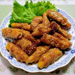 A picture of 節約簡単夕飯主菜豚バラ薩摩芋味噌肉巻き弁当肉料理.