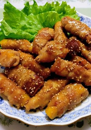 節約簡単夕飯主菜豚バラ薩摩芋味噌肉巻き弁当肉料理-レシピのメイン写真