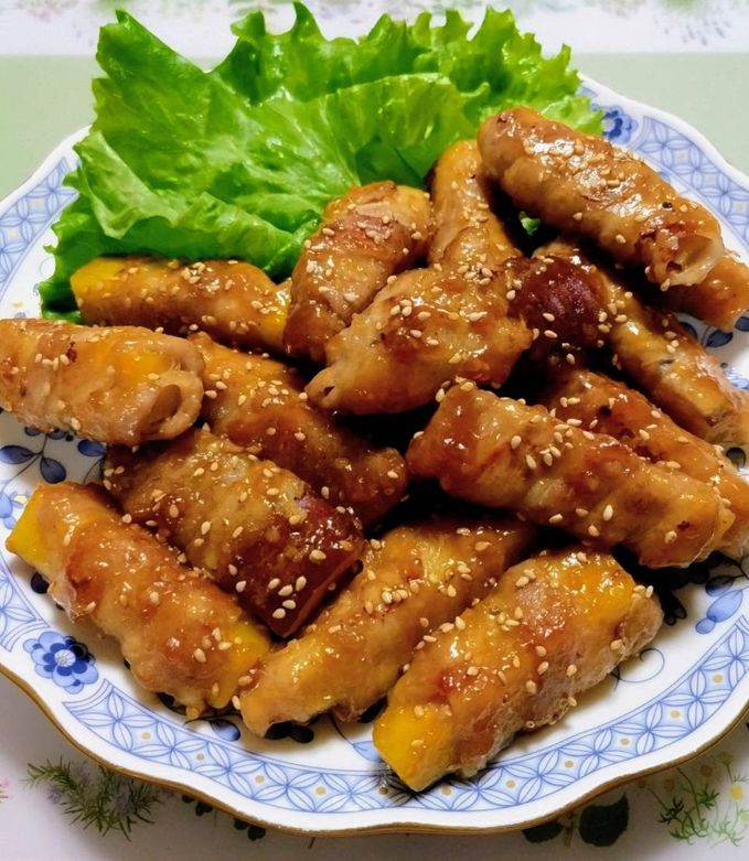 節約簡単夕飯主菜豚バラ薩摩芋味噌肉巻き弁当肉料理-レシピのメイン写真