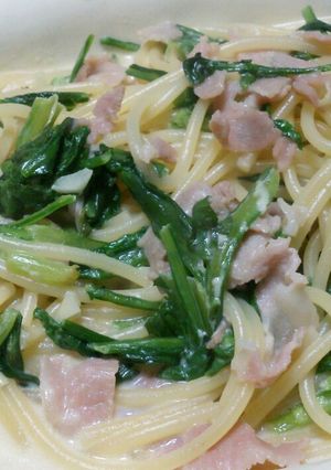 春菊と生ハムのスープパスタ-レシピのメイン写真
