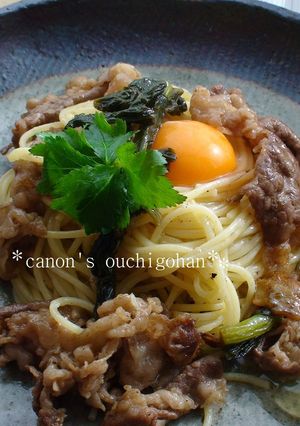 牛肉と野沢菜のガーリックバター醤油パスタ-レシピのメイン写真