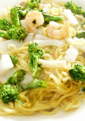 レンジで！シーフードと菜の花の焼そば風-レシピのメイン写真