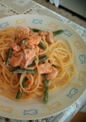 簡単!いんげんと鮭のクリームパスタ-レシピのメイン写真