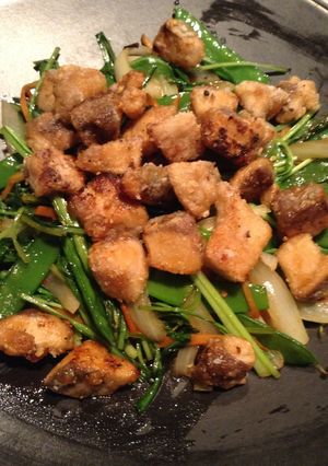 きんぴら風壬生菜とイナダのから揚げのせ-レシピのメイン写真