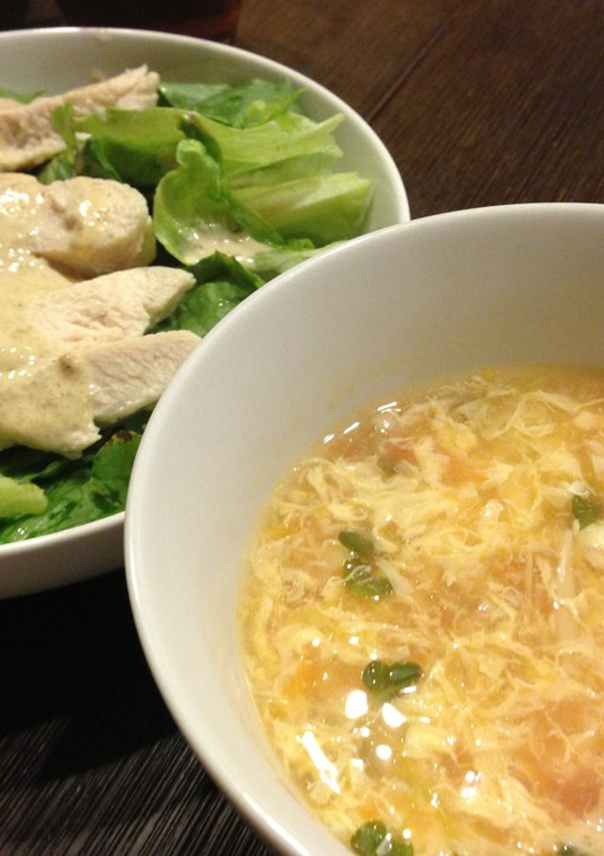 蒸し鶏と卵トマトスープを一緒に♫-レシピのメイン写真