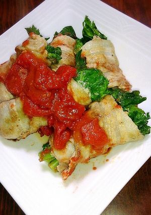 菜の花の豚バラ巻トマトソースソテー-レシピのメイン写真