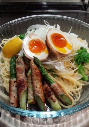 肉巻き具材と新玉ネギのペペロンチーノ-レシピのメイン写真