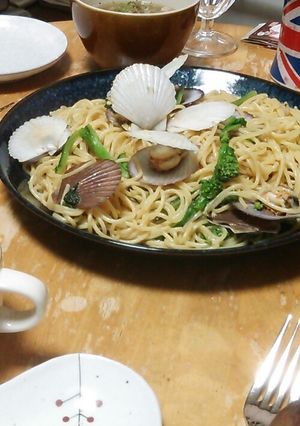 殻付きホタテの稚貝と菜の花のパスタ-レシピのメイン写真
