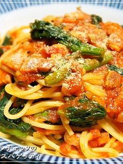 菜の花とパンチェッタのトマトソーススパ-レシピのメイン写真