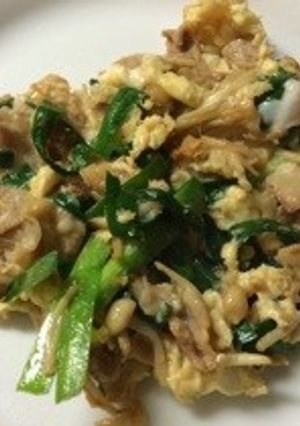にらとえのきだけ、豚バラの卵とじ-レシピのメイン写真