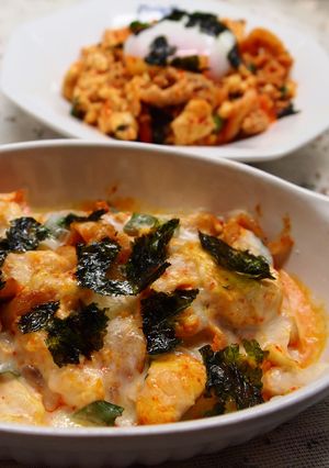 豆腐と豚肉のキムチ炒め（温玉・グラタン風-レシピのメイン写真