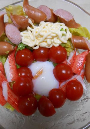 春キャベツとプチトマトのサラダ温泉卵のせ-レシピのメイン写真