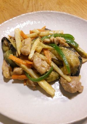 筍となすと鶏肉のピーナッツ味噌炒め-レシピのメイン写真