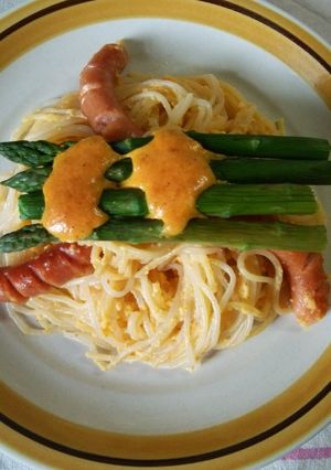 卵黄チーズソースのパスタ＋アスパラ添え-レシピのメイン写真
