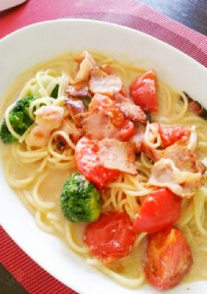 温野菜とベーコンの豆乳スープパスタ☆★-レシピのメイン写真
