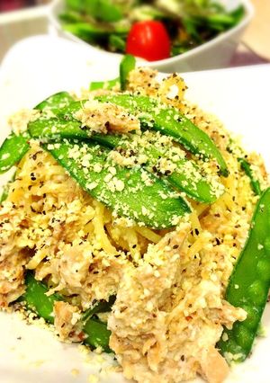 絹さやとツナの豆腐マヨパスタ-レシピのメイン写真