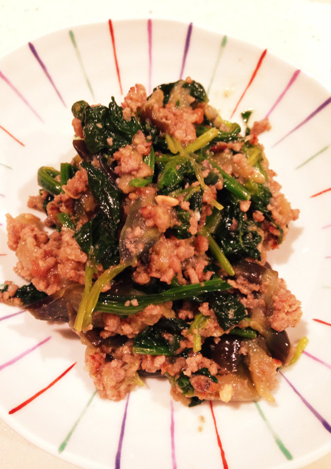 茄子と挽肉ほうれん草の甘味噌炒め-レシピのメイン写真