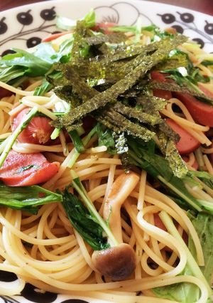 簡単パスタ♡水菜キノコ和風ペペロンチーノ-レシピのメイン写真