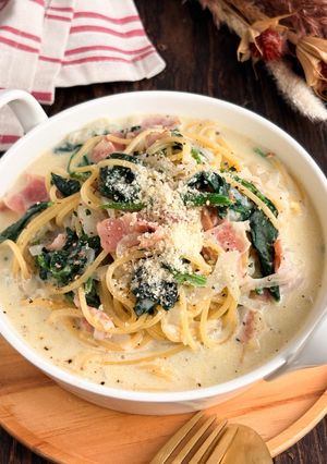もちもち！時短ベーコンとほうれん草のスープパスタ-レシピのメイン写真