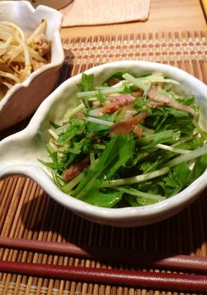 水菜のサラダ～ベーコン&まいたけのソース-レシピのメイン写真