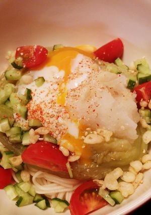 温玉のせ♪焼きなすぶっかけ素麺-レシピのメイン写真