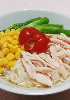 ヘルシー♡鶏ささみとアスパラコーン素麺-レシピのメイン写真