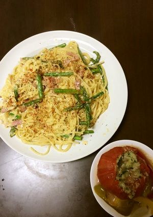 お一人料理　温泉卵でカルボナーラ-レシピのメイン写真