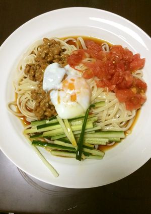 お一人料理　冷たいうどん　温泉卵　トマト-レシピのメイン写真