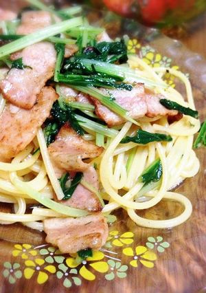 絶品！水菜とベーコンのアーリオオーリオ-レシピのメイン写真