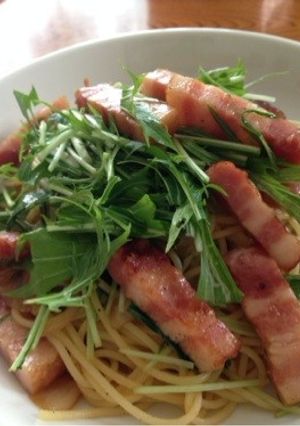 簡単！ベーコンと水菜のカフェ風パスタ♡-レシピのメイン写真