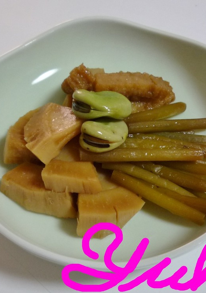 ツワブキと竹の子と揚げ蒲鉾の煮物+そら豆-レシピのメイン写真