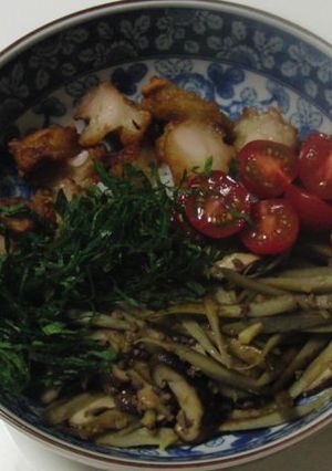 鶏唐揚げと牛蒡・牛そぼろ丼-レシピのメイン写真