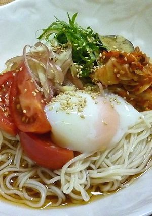 ゴマ香る♪温玉ひやむぎ(素麺)-レシピのメイン写真