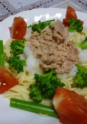 ツナとおろしと茎ブロッコリーの冷製パスタ-レシピのメイン写真