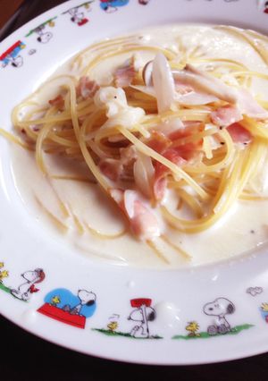 ベーコンときのこのクリームスープパスタ-レシピのメイン写真