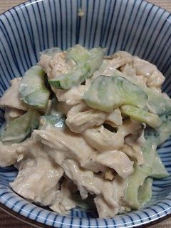 レンジで簡単、鶏とキュウリのゴママヨ和え-レシピのメイン写真