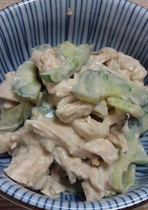 レンジで簡単、鶏とキュウリのゴママヨ和え-レシピのメイン写真