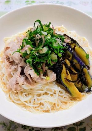 簡単夏の夕飯昼食痩せ飯豚しゃぶ塩昆布なす素麺-レシピのメイン写真
