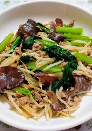 簡単今日の夕飯！小松菜木耳もやし挽肉炒め-レシピのメイン写真