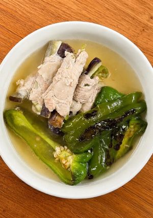 ピーマンとなすの肉巻きのスープ-レシピのメイン写真